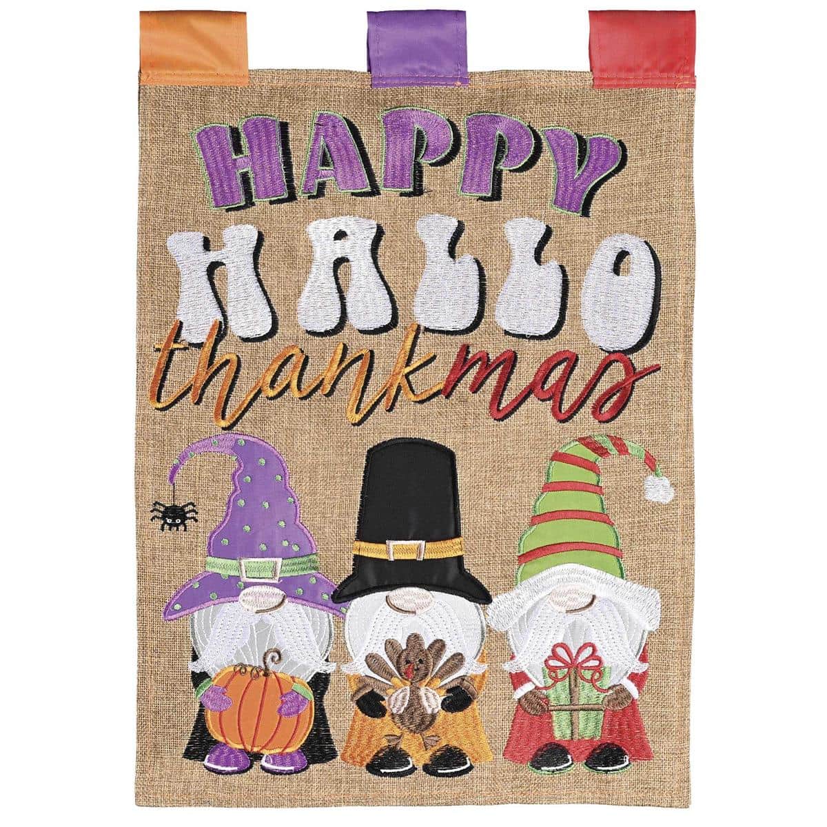 Burlap flag with a layered applique gnome wearing a pumpkin hat and fall scarf, "Hallo Thankmas" lettering on a rustic burlap background for porch or garden display.