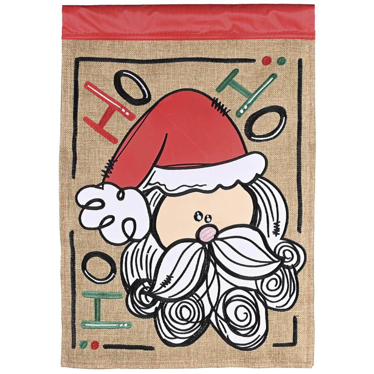 Whimsical Santa burlap double applique Christmas flag with layered fabric and embroidery, two-sided design, ready to hang on garden or porch for holiday welcome.