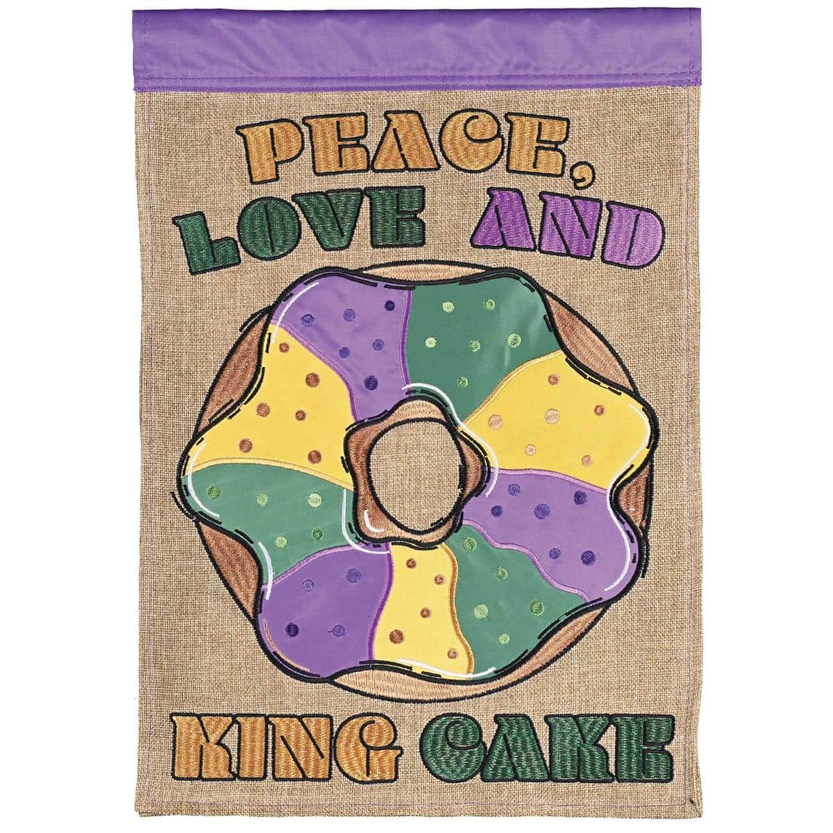 Rustic poly-burlap double applique flag with Peace, Love, and King Cake icons in purple, green, and gold, LA-MardiGras style for Mardi Gras decor, two-sided artwork.