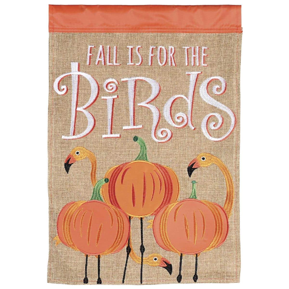 Whimsical fall flag on rustic burlap with layered applique flamingos and pumpkins, double-sided outdoor house or garden flag with reinforced sleeve and stitched details.