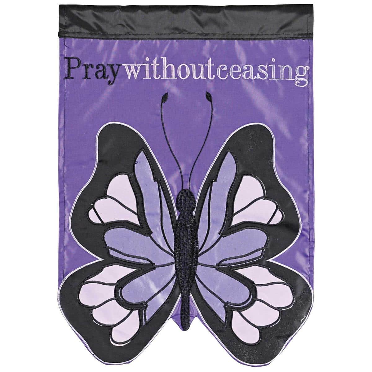 13x18 double applique garden flag image showing layered butterfly applique, prayer script on a compact flag displayed on a standard garden flag stand in a backyard setting