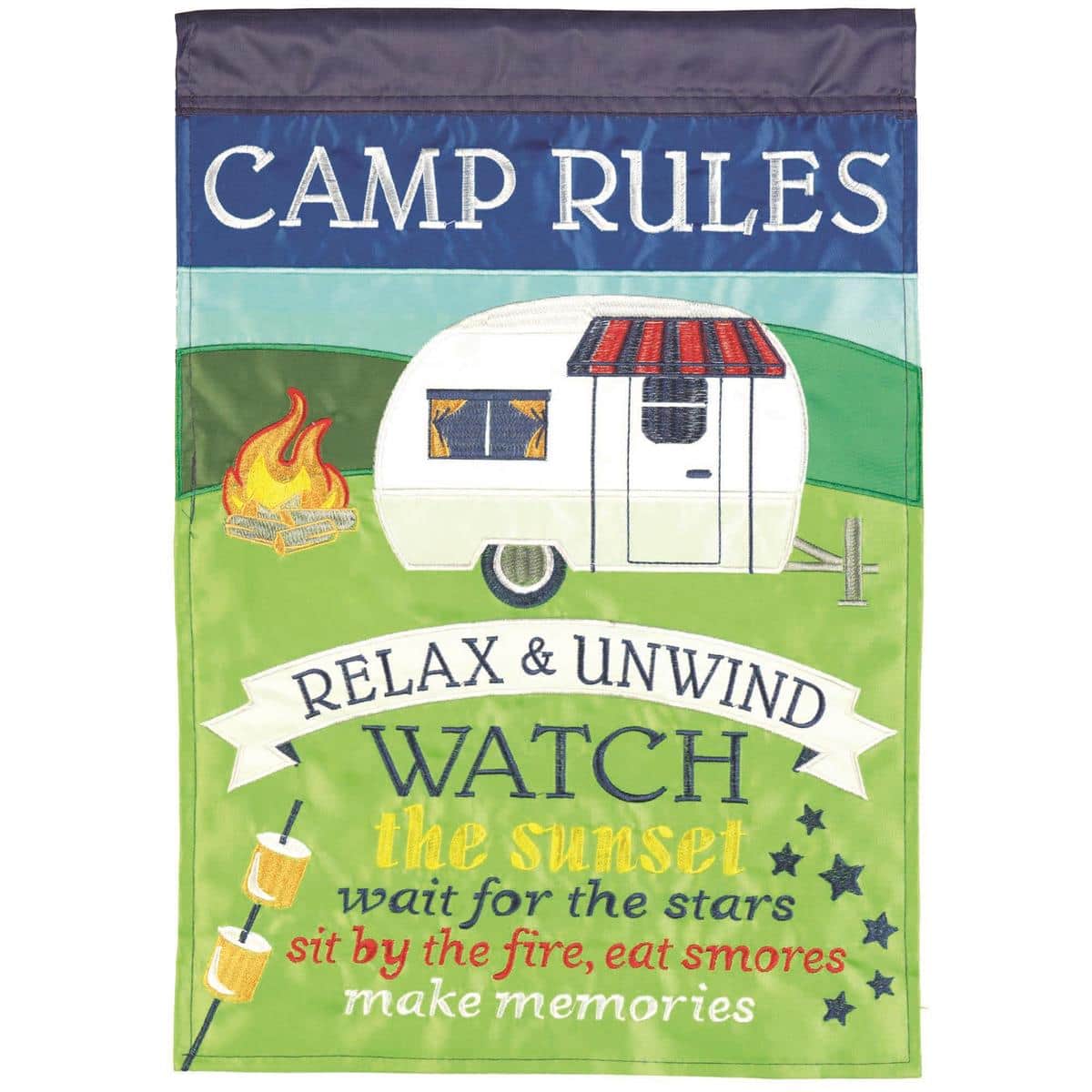 13x18 Camp Rules double applique garden flag showing tent, campfire, lantern and playful "Camp Rules" text on a rustic background, displayed on a curved metal garden pole in a grassy yard.
