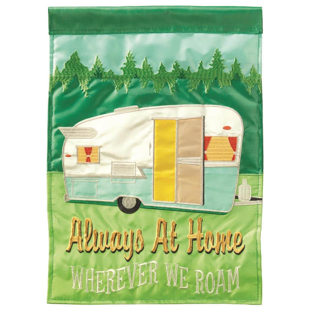 13x18 Camper Always At Home double applique garden flag showing a retro camper, campfire and welcoming sentiment in warm colors on a yard flag pole.