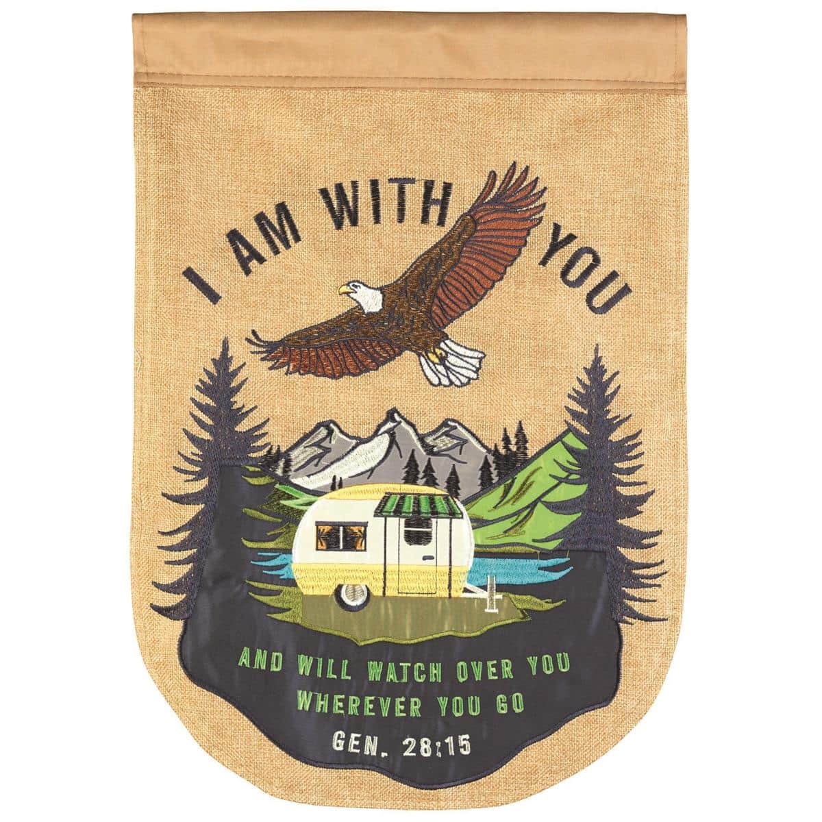 Main product image alt text: 13x18 Camper I Am With You garden flag showing double applique scripture design with camper motif, layered fabric textures, and sewn pole sleeve for outdoor display