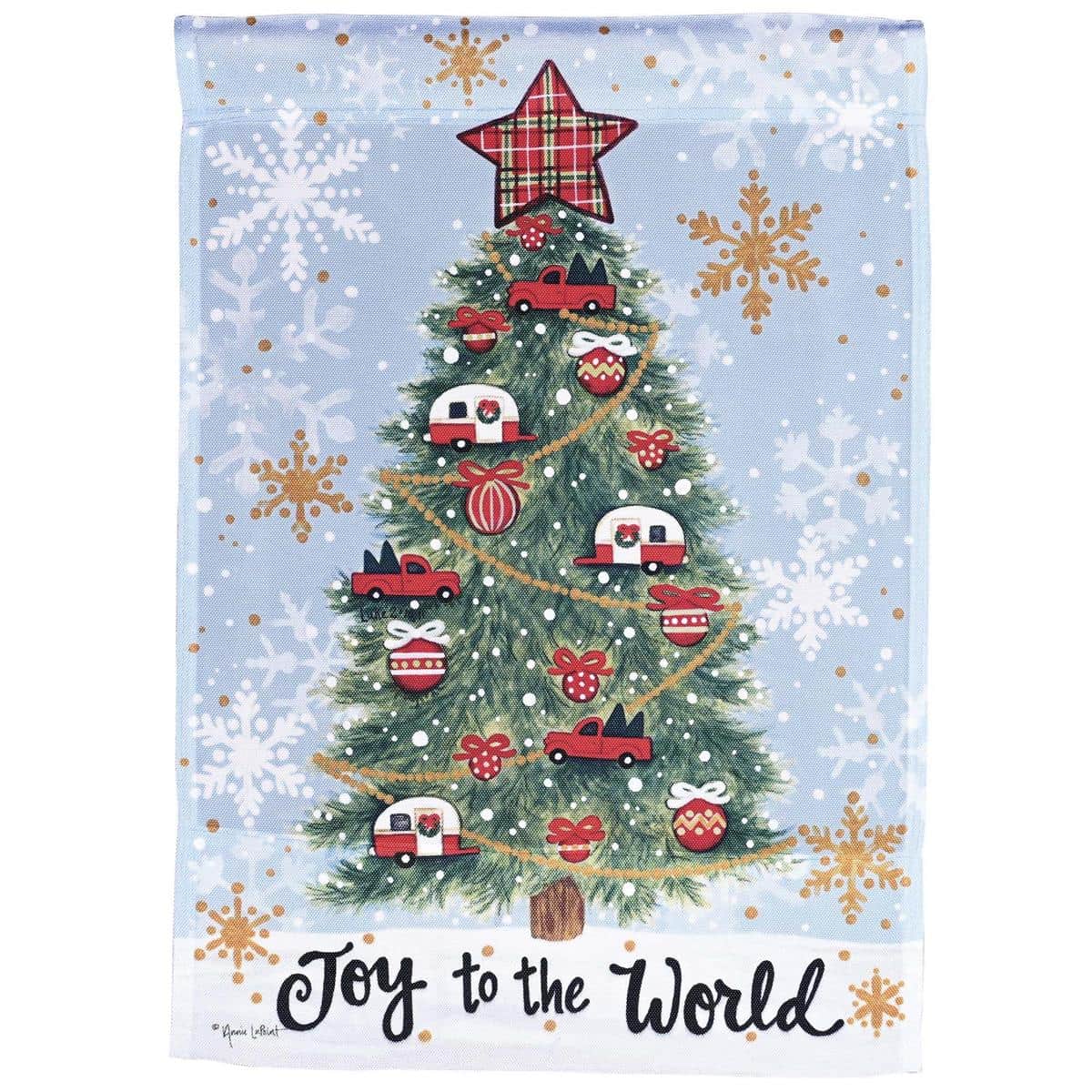 13x18 Camper Joy To The World garden flag depicting a vintage camper decorated with a wreath, string lights, snow accents, and the "Joy To The World" lettering in full color.