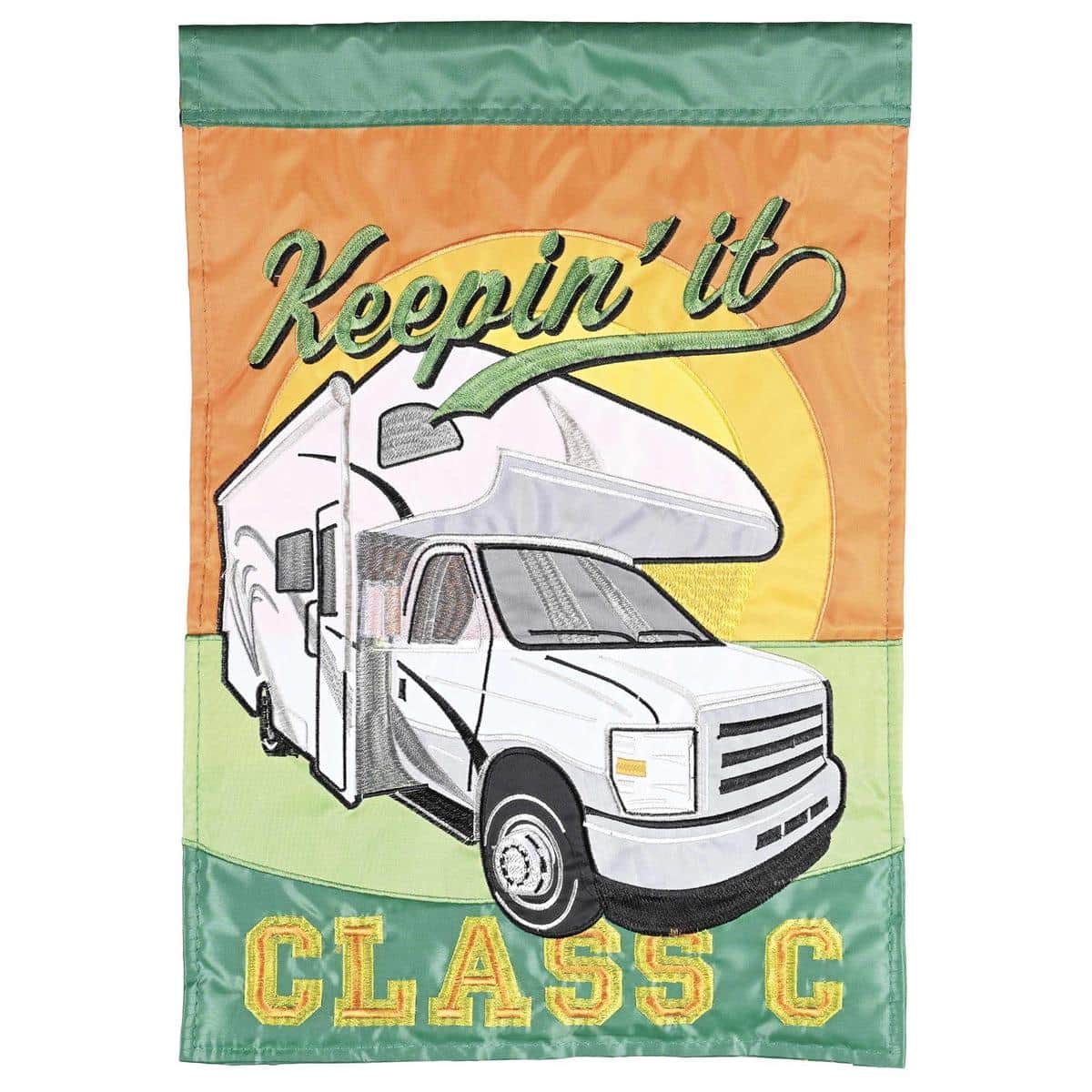Camper Keepin It Class C 13x18 double applique garden flag with Class C motorhome artwork, two-sided outdoor camping decor for yards, patios, and RV sites