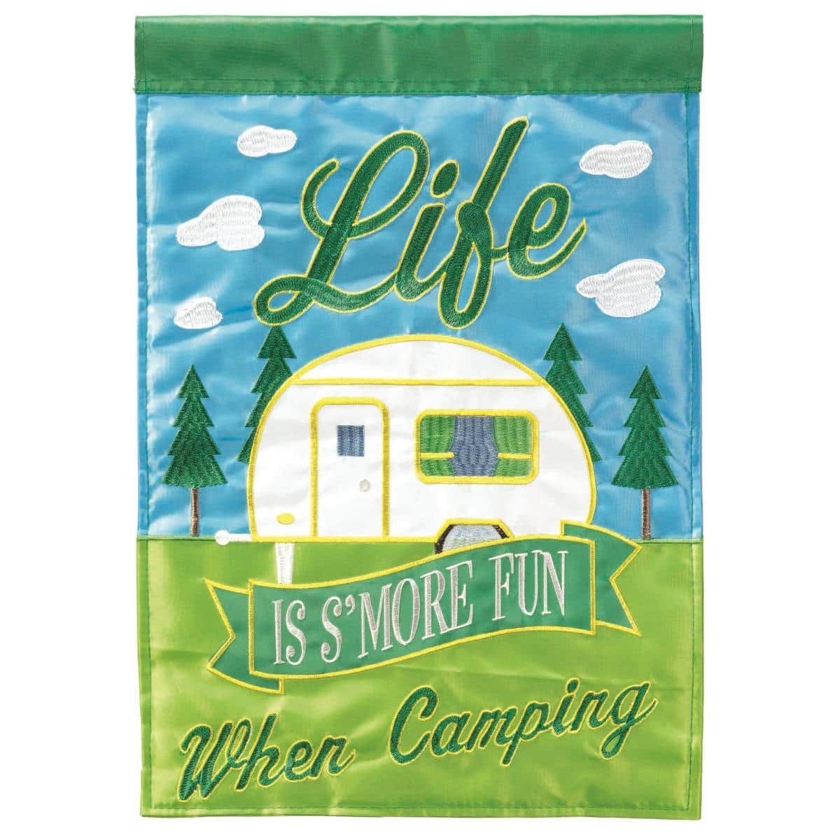 13x18 Camper Life Is Smore Fun garden flag with layered applique showing camper and toasted s'more graphics displayed on a yard flag stand