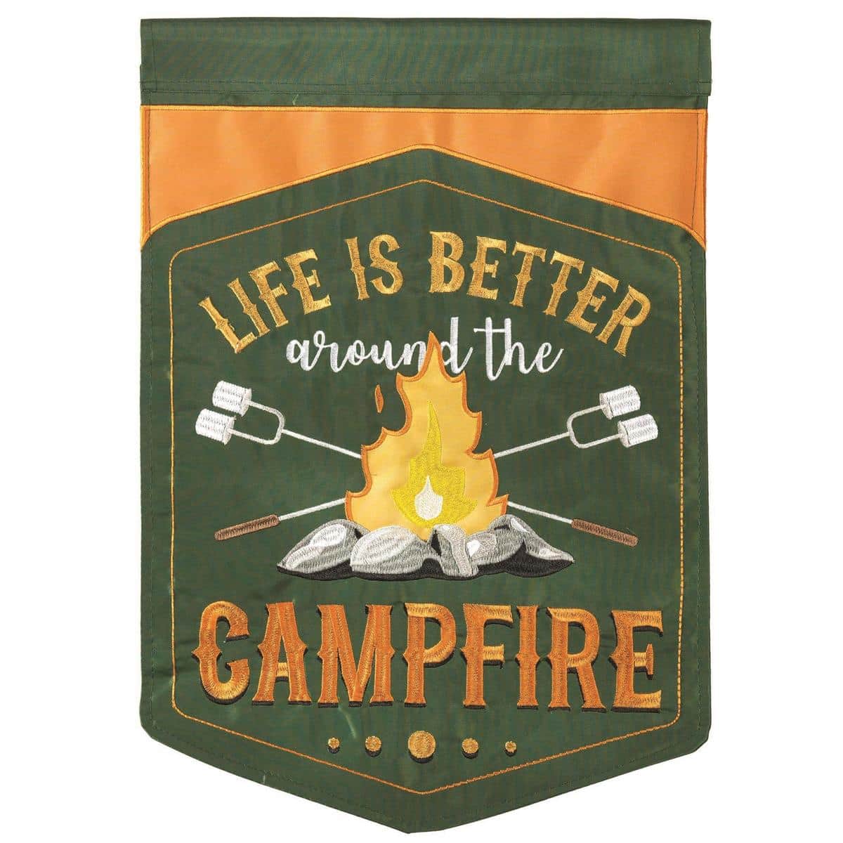 13x18 Campfire Garden Flag double applique design showing glowing campfire, tent and stars on durable outdoor fabric for porch or yard display.