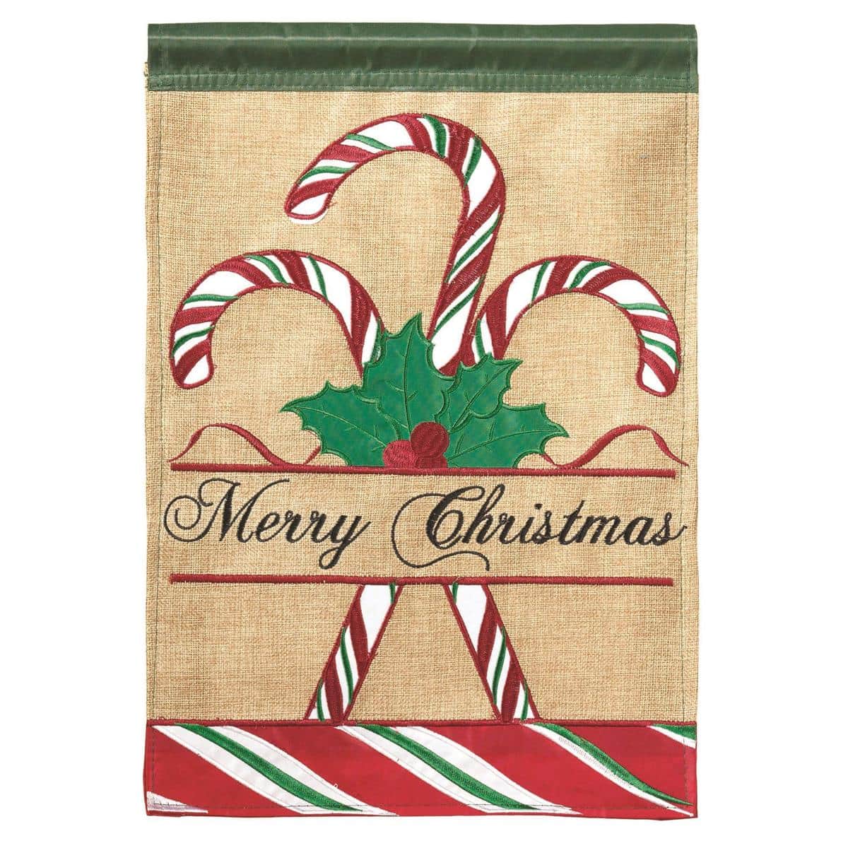 13x18 Candy Cane Burlap Garden Flag with double applique candy cane motif on rustic burlap background, Christmas porch and yard decoration suitable for small flag stands and seasonal displays