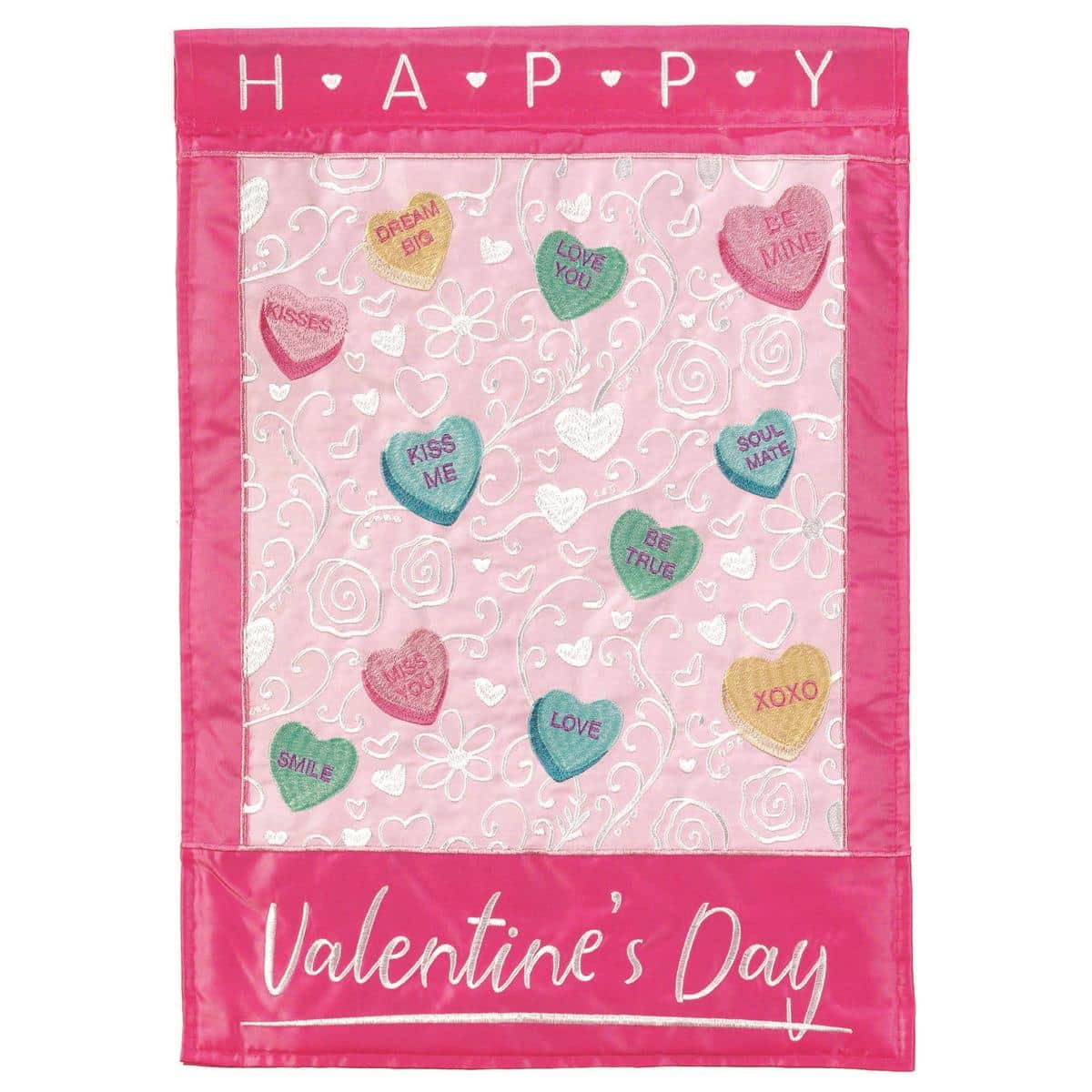 Close-up of 13x18 Candy Hearts double applique garden flag showing layered stitched heart designs and colorful Valentine messages on textured background.