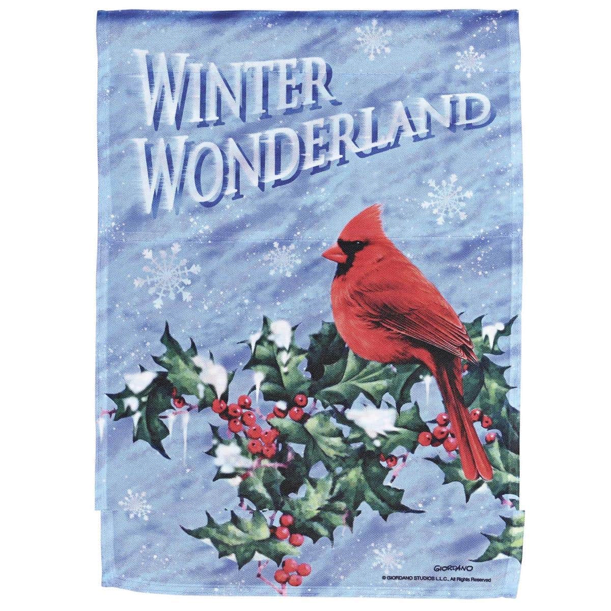13x18 Cardinal Winter Wonderland garden flag showing a red cardinal perched on a snow-dusted branch with holly berries and a soft snowfall background, printed on weather-resistant fabric for outdoor display.