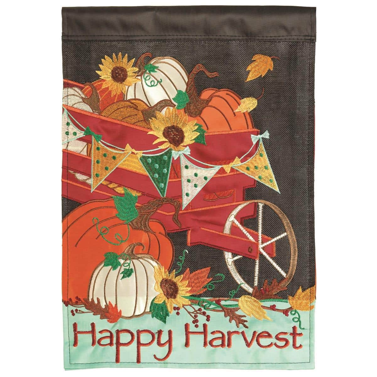 Alt text for the main product image depicting the Cart Happy Harvest Garden Flag showing a layered applique farm cart filled with pumpkins, gourds, fall leaves, and seasonal florals on a 13 by 18 inch garden flag suitable for porch, planter, or yard display.