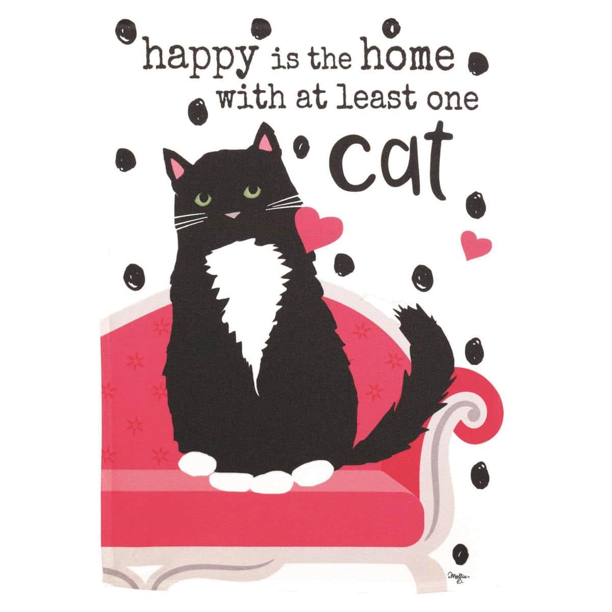 Printed 13x18 cat garden flag with Happy Is The Home message, vivid colors on durable polyester, display on porch, yard, or garden stand.