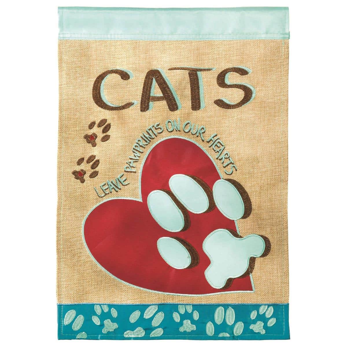 Double applique Cats Leave Pawprints 13x18 burlap garden flag with stitched pawprints and heart script, two-sided design, natural burlap texture, top sleeve.
