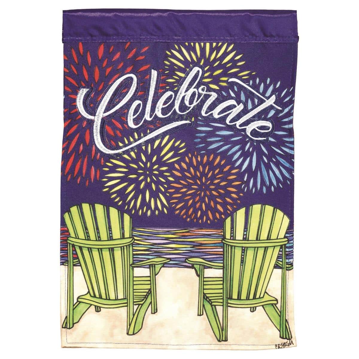 Celebrate Garden Flag 13x18 with double applique stars, stripes, and fireworks in red white and blue, two sided for patriotic July 4th yard and porch displays
