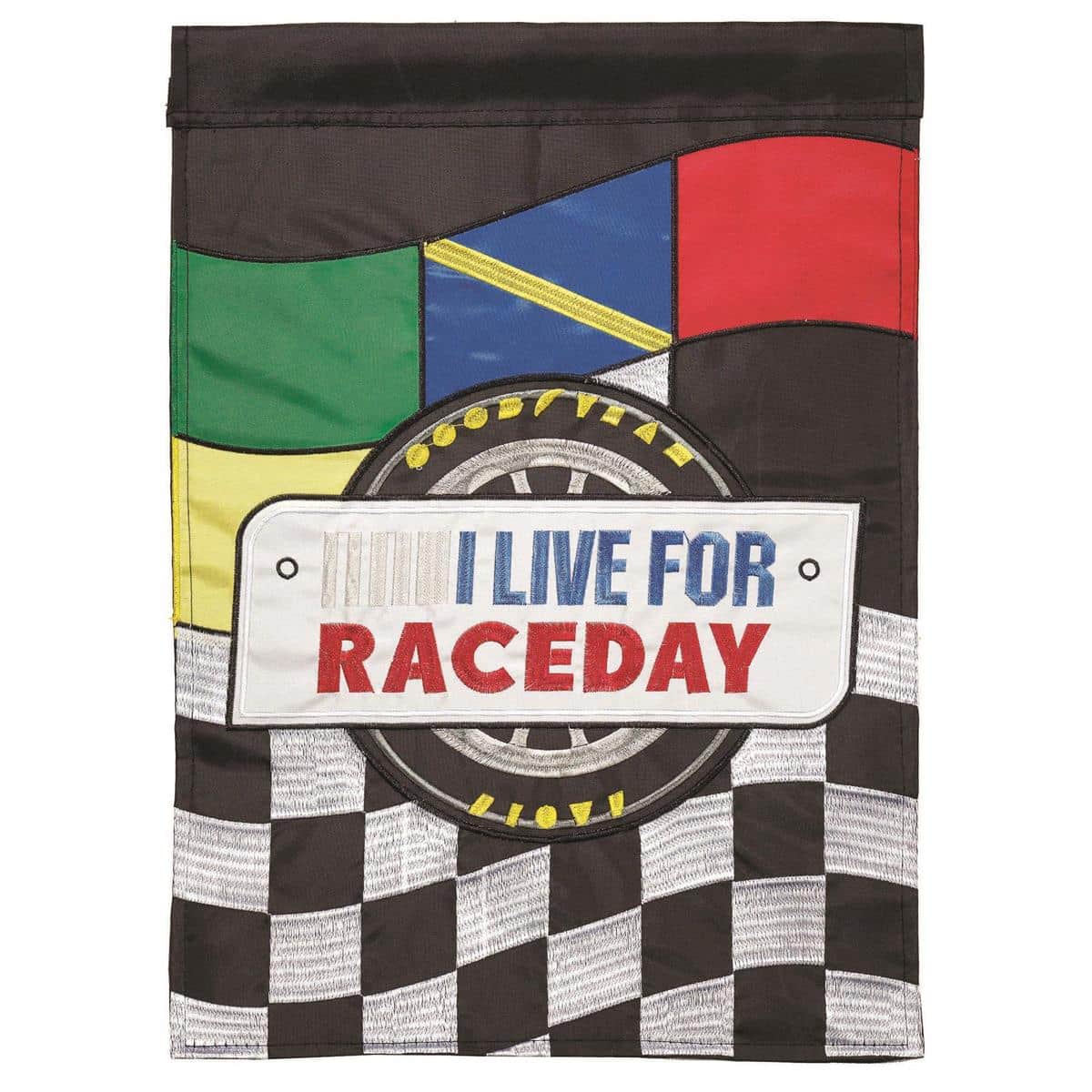 13x18 Checkered Race Day garden flag with black and white racing check pattern, bold colored accents and visible double applique stitching ready for outdoor pole display.