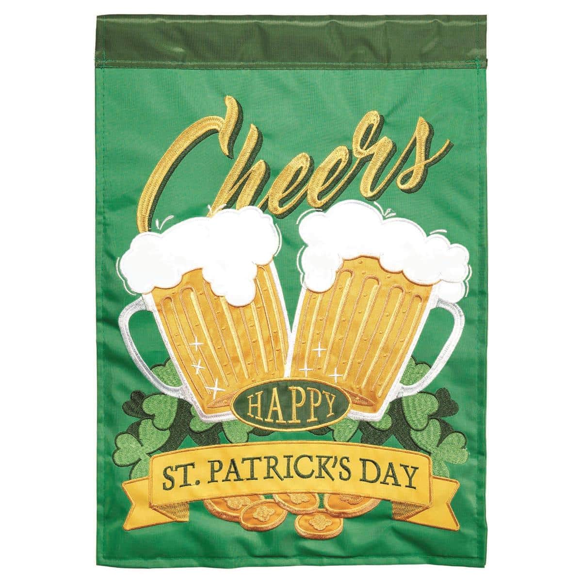 Green and gold 13x18 double applique garden flag reading "Cheers" with layered shamrocks and stitched details, shown hanging from a standard garden flag pole in a backyard setting.