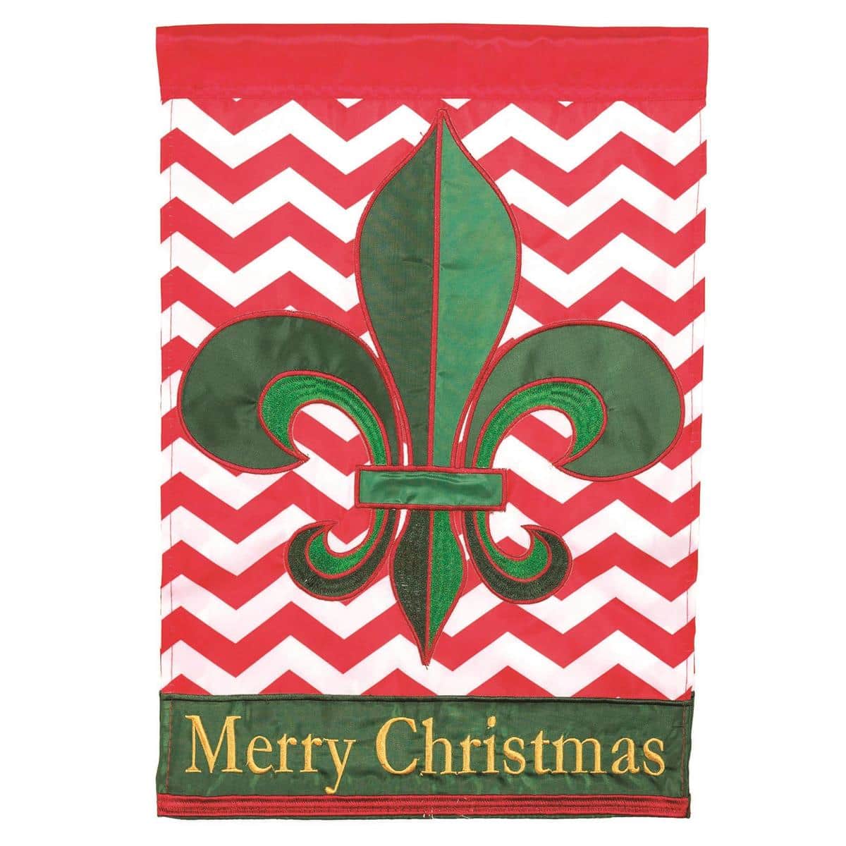 13x18 chevron Christmas garden flag in red and green with holiday accents displayed on a lawn flagpole beside festive planters and porch decor.