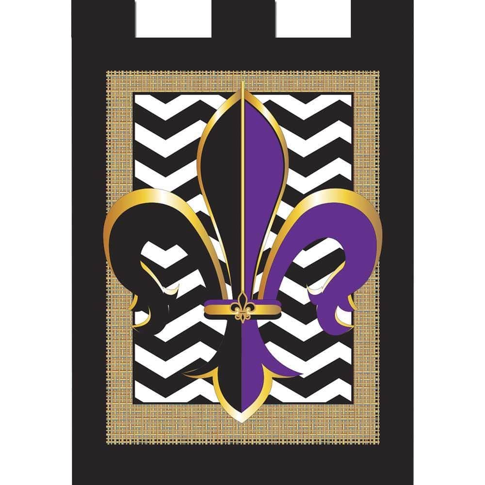 Chevron patterned banner flag featuring a central fleur-de-lis emblem in layered double applique, displayed on a porch pole against a neutral background to show texture and scale.
