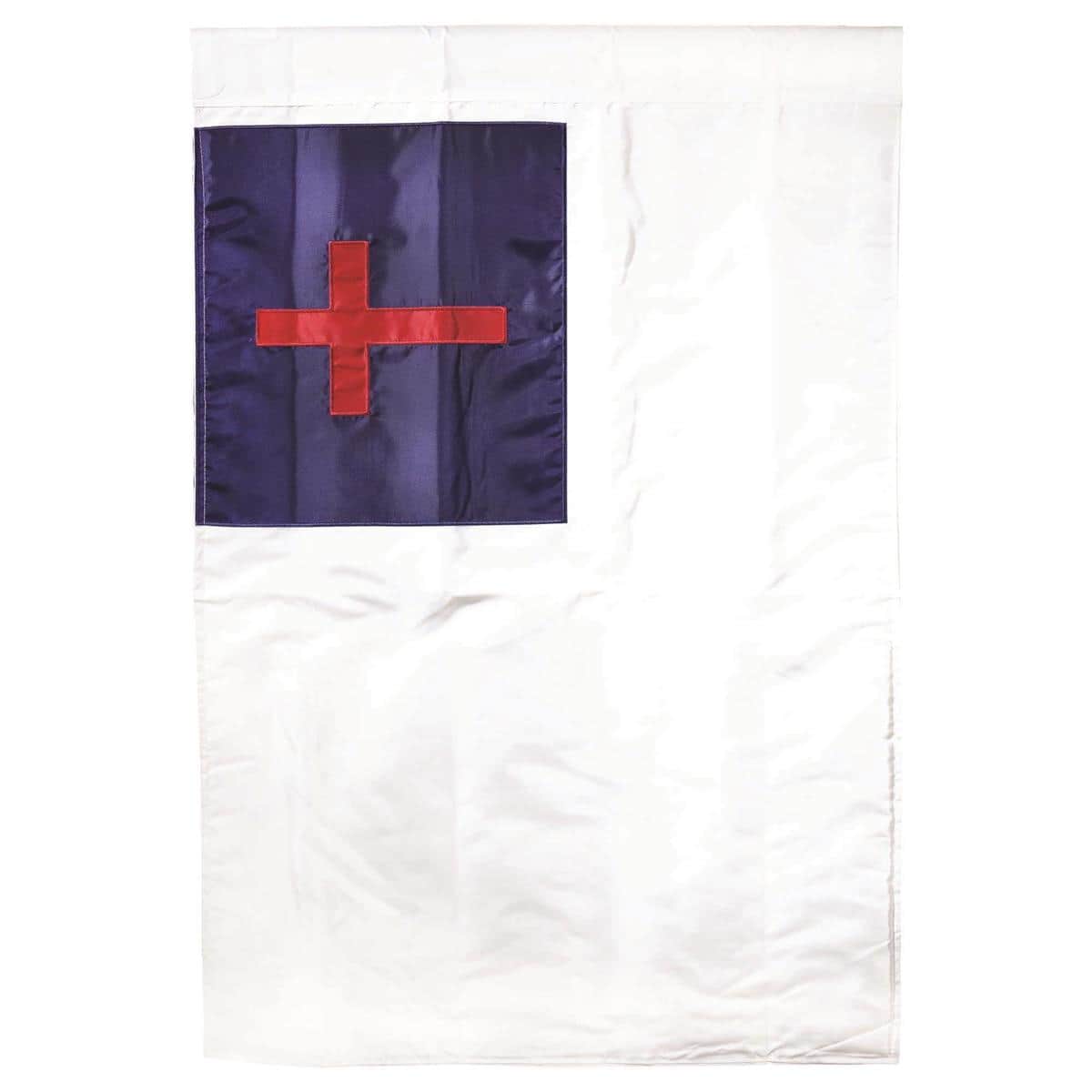 29 by 42 inch Christian banner flag with layered double applique cross and inspirational text shown hanging from a porch flagpole, designed for home and church display.