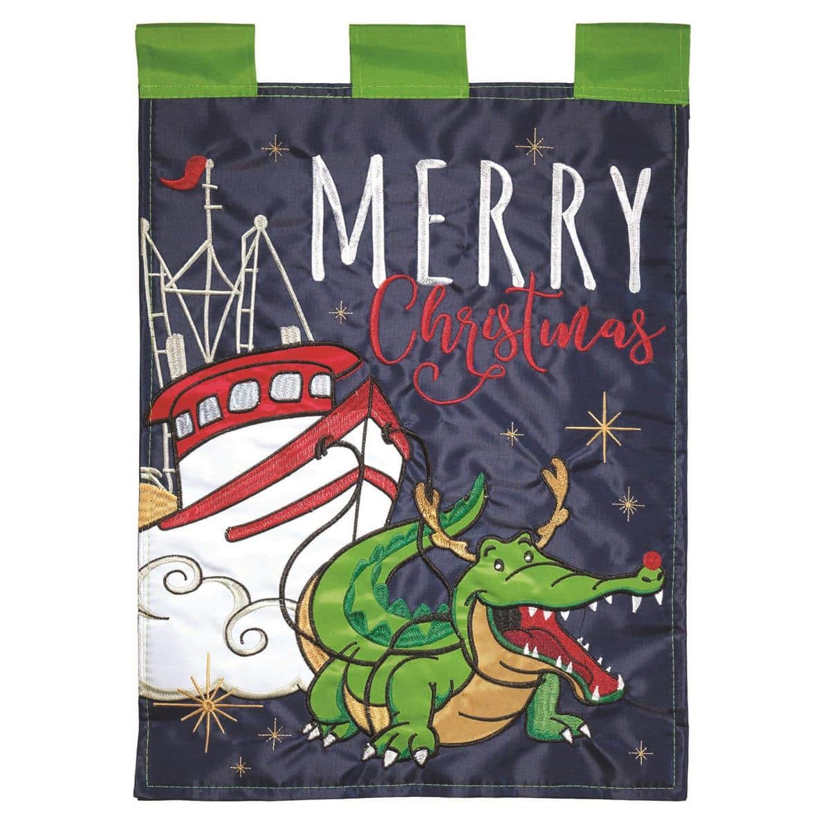 13x18 Christmas Alligator Garden Flag showing a green alligator wearing a Santa hat with ornaments and snowflakes, rendered in layered applique fabrics and displayed on a garden stake.
