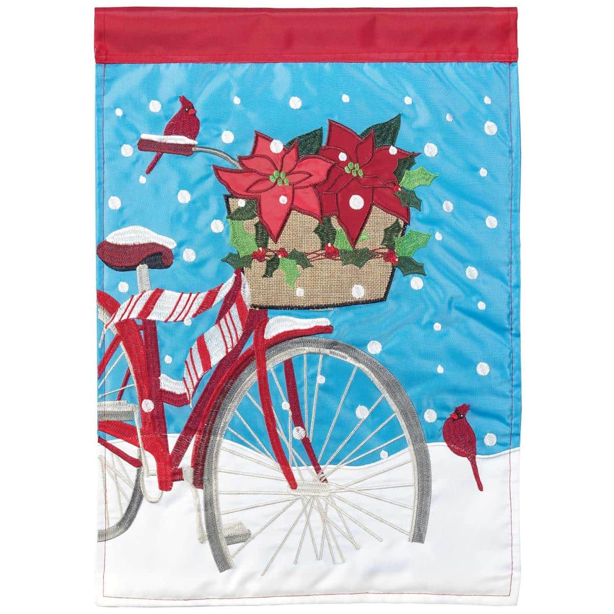 13x18 Christmas Bike Garden Flag double applique wreath and gift bicycle motif on durable fabric for porch or yard seasonal display
