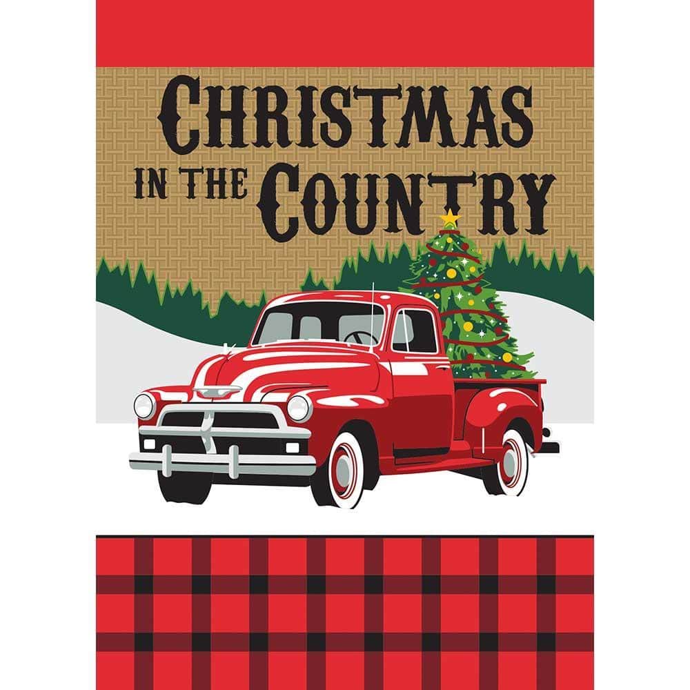 Red vintage country truck Christmas banner flag 29x42 double applique showing a wreath on the truck bed with snowy trees in the background, festive porch decor.