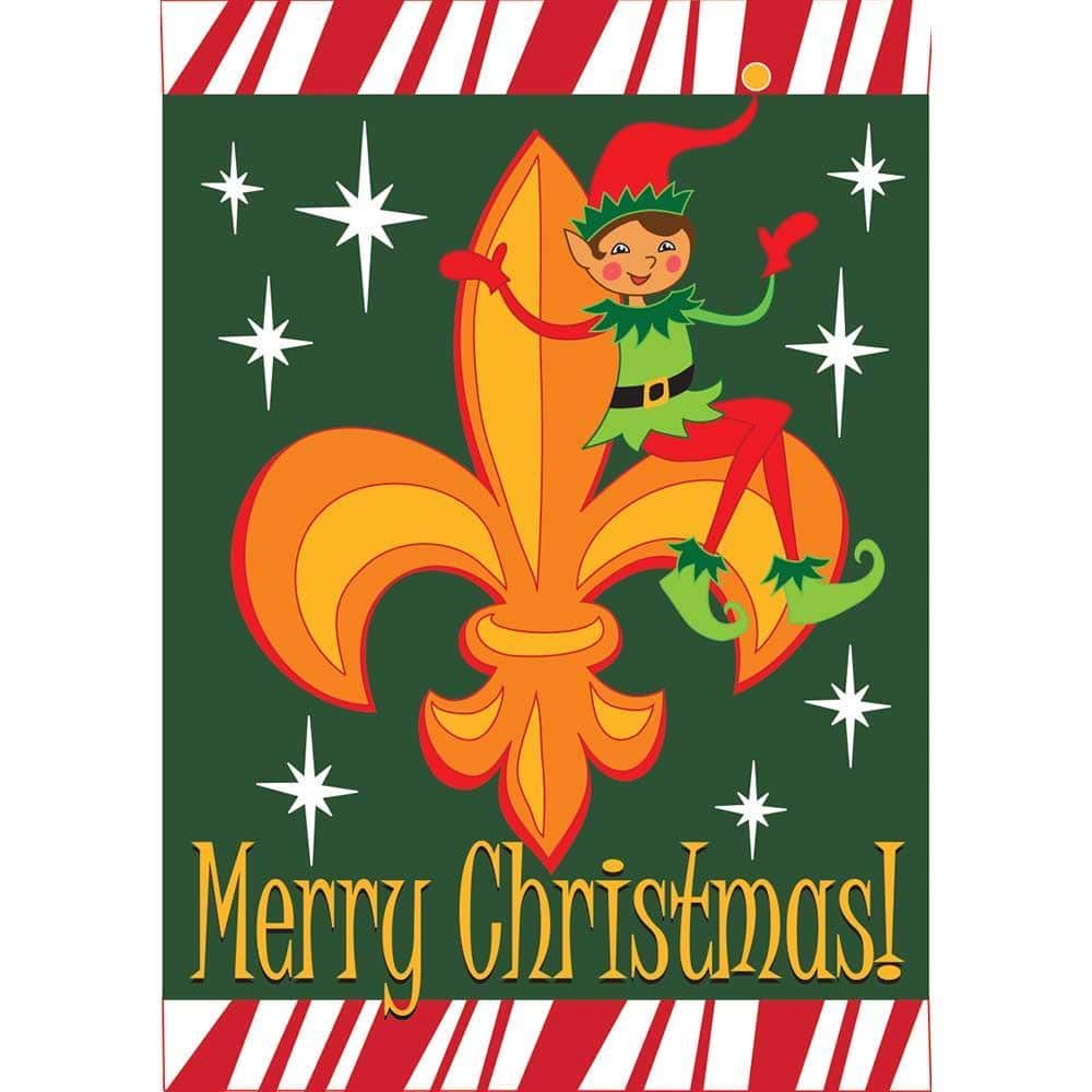29x42 Christmas house flag with cheerful elf and gold fleur-de-lis, double applique, two-sided, vivid red and green fabric, displayed on porch pole outdoors