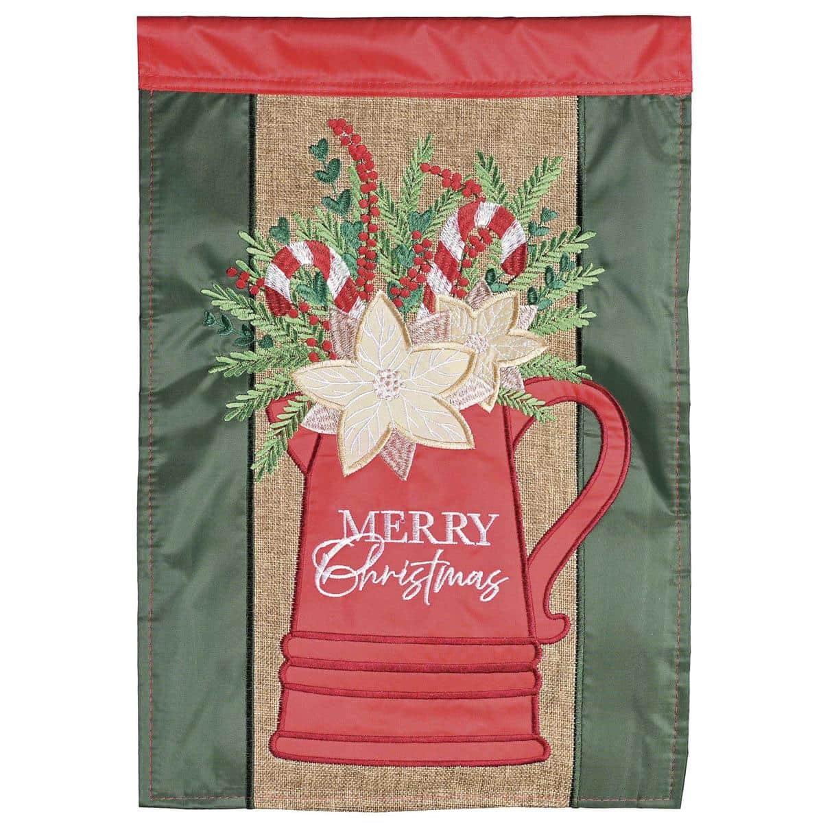 Garden flag showing a handcrafted double applique Christmas design with evergreen sprigs arranged in a rustic pitcher, ideal for porch or yard display.
