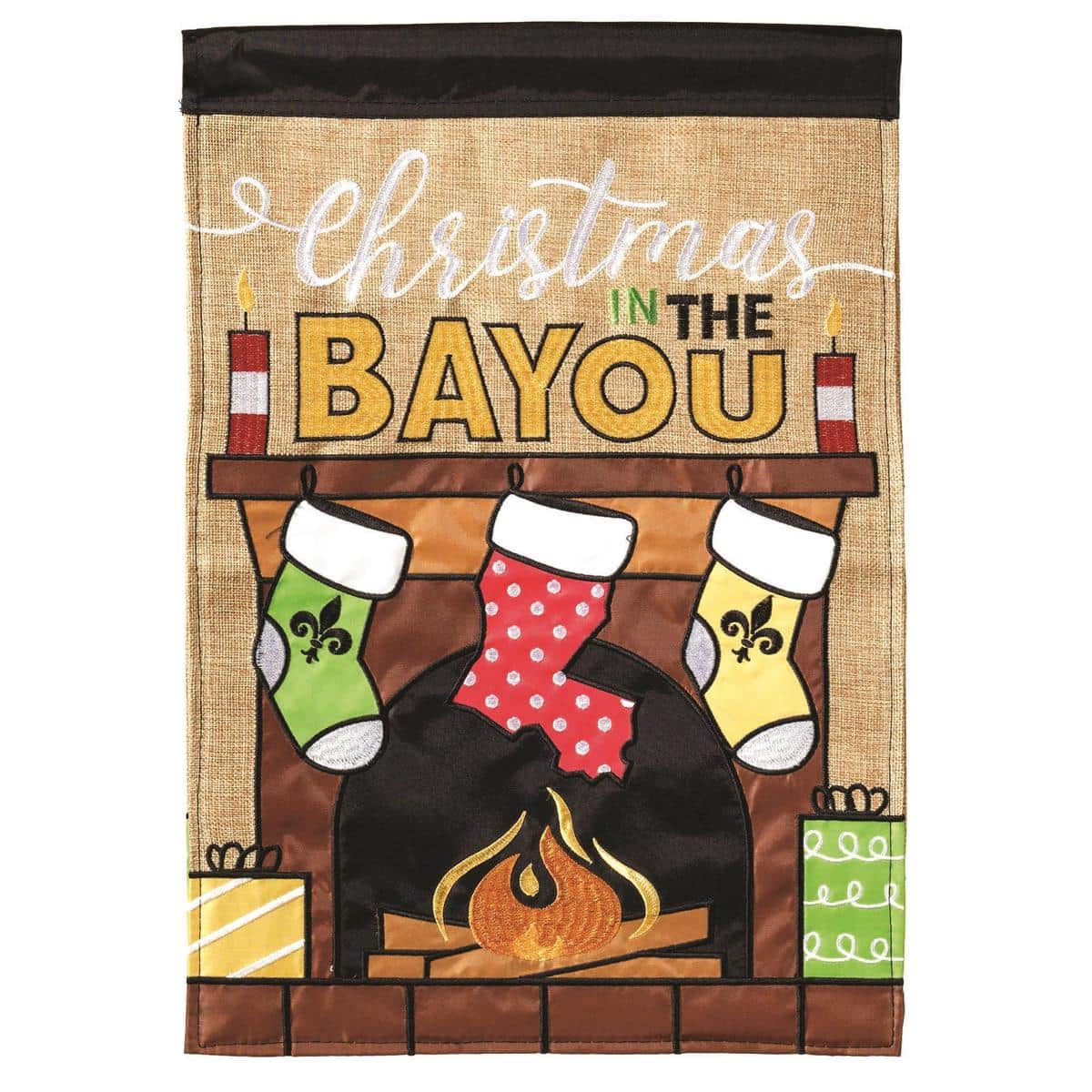 Close-up of Christmas In Bayou 29x42 double applique banner flag showing layered applique cypress trees, Spanish moss, ornamental accents and stitched edges on a rustic holiday background ideal for outdoor display.