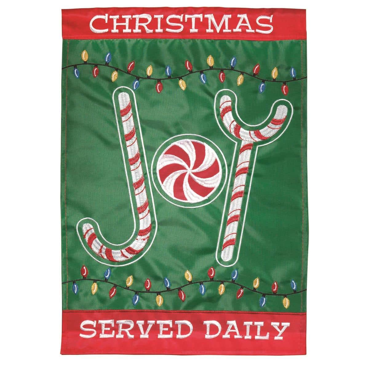 Double applique Christmas Joy garden flag, 13 x 18 inch, red and evergreen holiday design with two-sided lettering, displayed on a black metal garden stand.