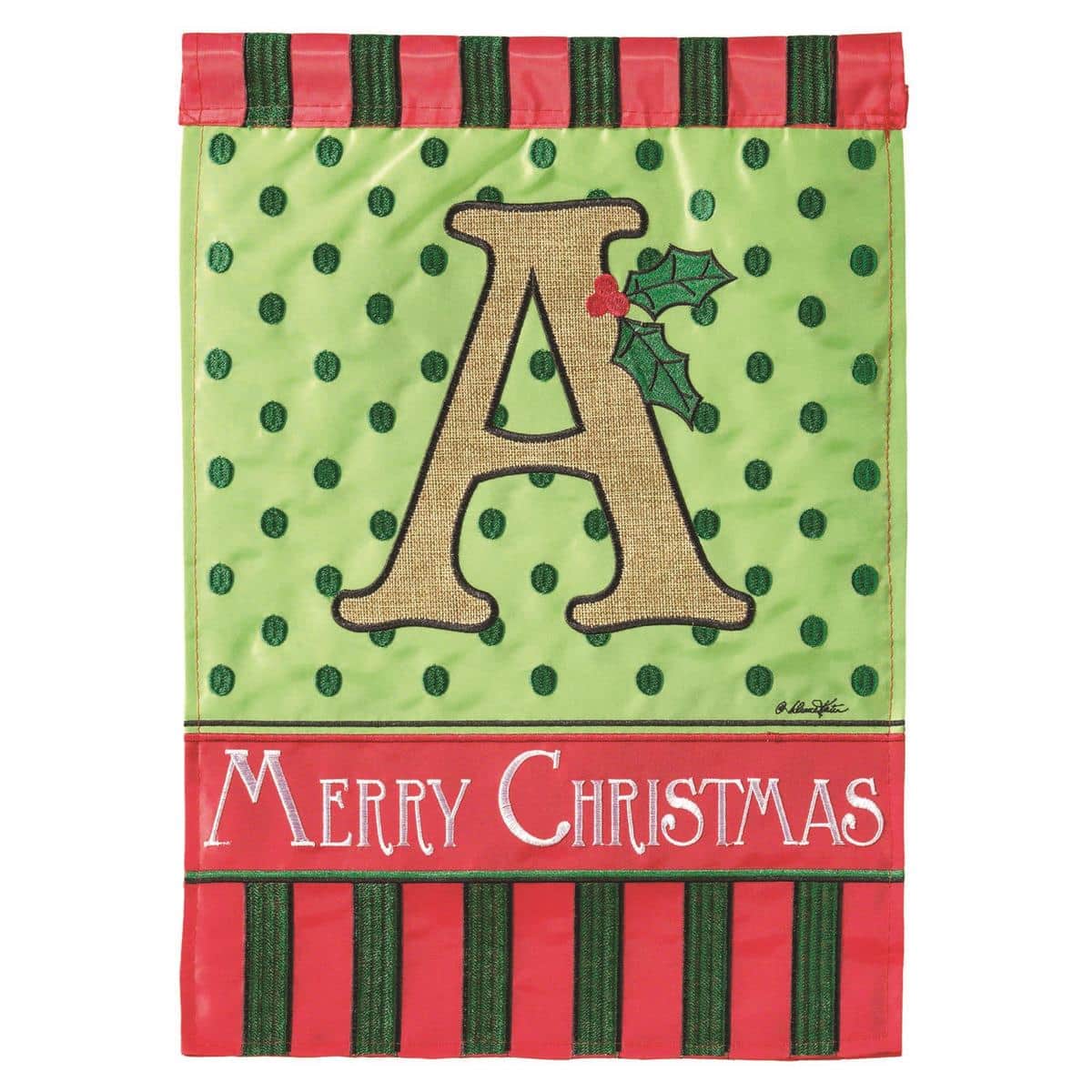 13x18 Christmas monogram garden flag with letter A in layered double applique on burlap background, red and green holiday motif ideal for porch or yard display.