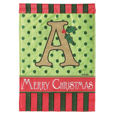 13x18 Christmas monogram garden flag with letter A in layered double applique on burlap background, red and green holiday motif ideal for porch or yard display.