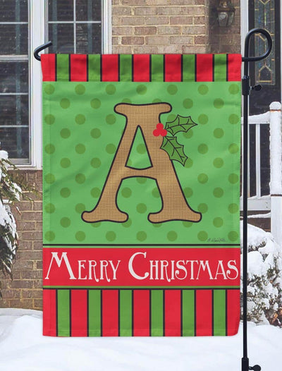 13x18 Christmas monogram garden flag with letter A in layered double applique on burlap background, red and green holiday motif ideal for porch or yard display.