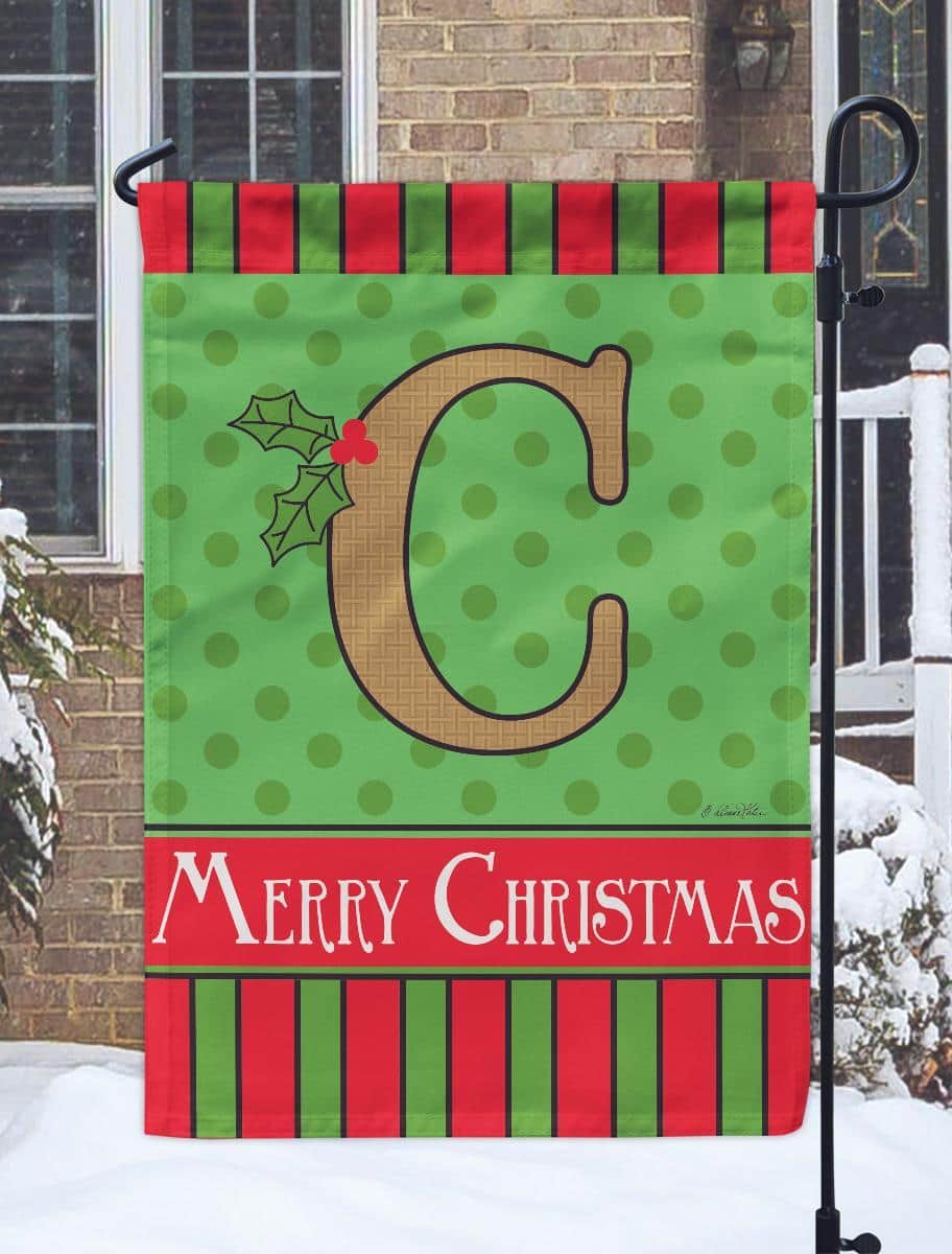 13x18 Christmas burlap garden flag featuring a stitched double-applique monogram C in red and green, rustic holiday design shown on decorative garden pole