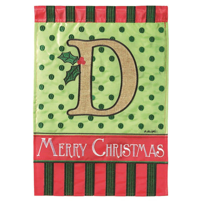 13x18 Christmas garden flag featuring monogram D in double applique on burlap texture, holiday porch and yard decoration.