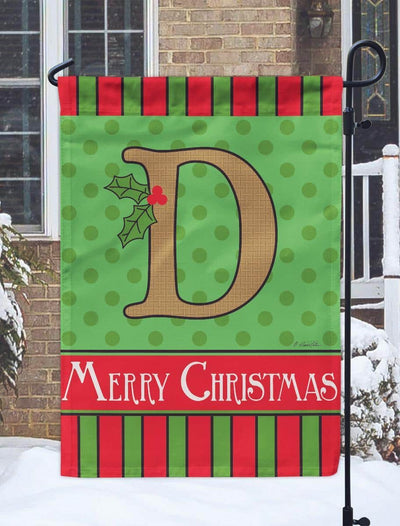13x18 Christmas garden flag featuring monogram D in double applique on burlap texture, holiday porch and yard decoration.