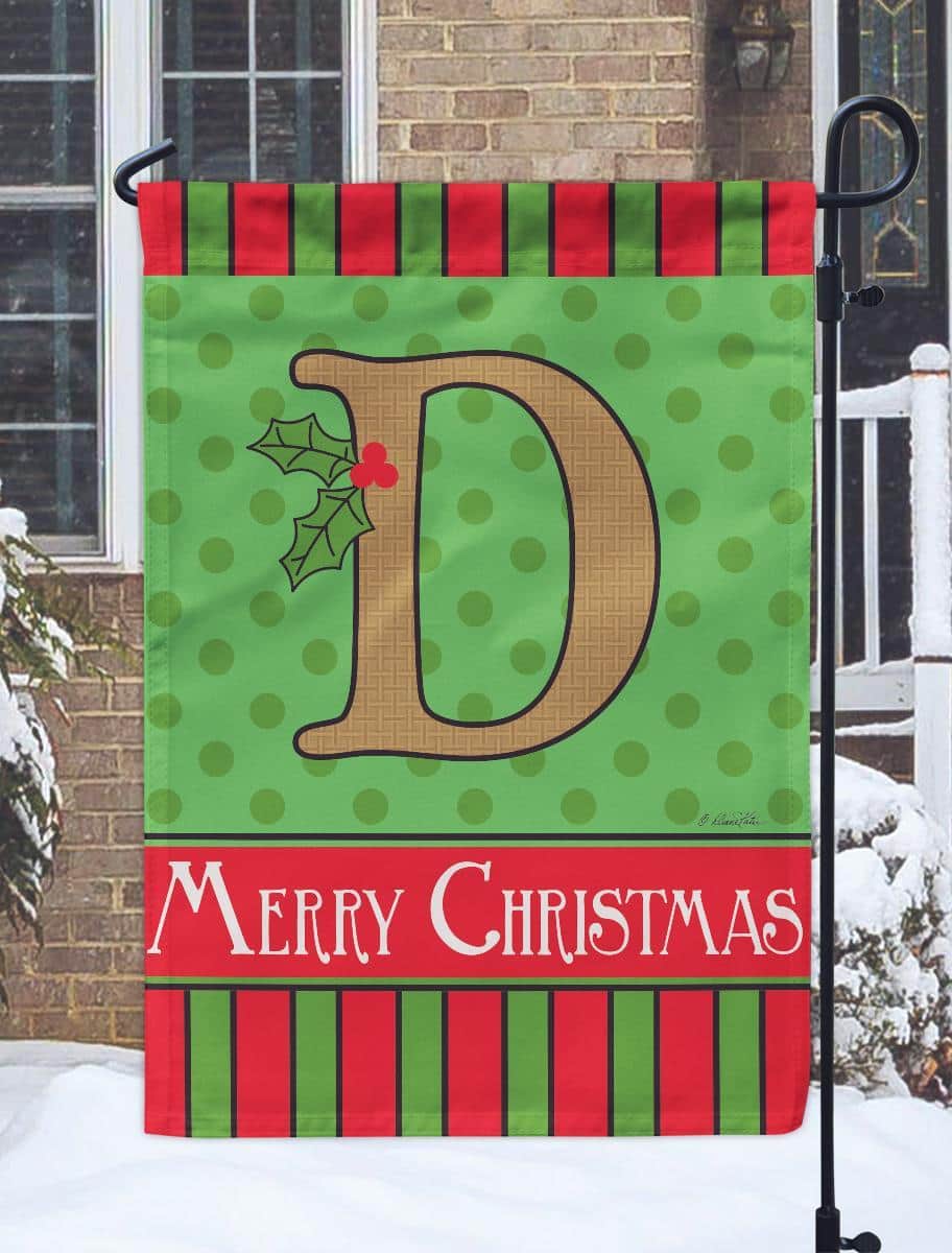 13x18 Christmas garden flag featuring monogram D in double applique on burlap texture, holiday porch and yard decoration.
