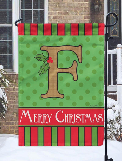 Rustic burlap textured garden flag with double applique monogram F and Christmas accents on a 13x18 inch size, showing a handcrafted layered design ideal for porch displays and seasonal decor
