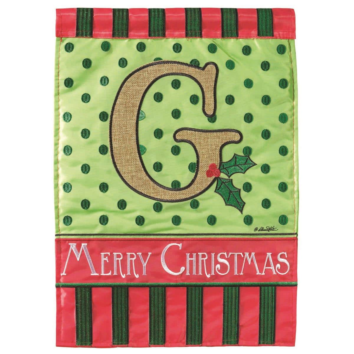 Christmas Monogram G burlap garden flag 13x18 inches, double applique, two sided red and green holiday letter design on rustic burlap with pole sleeve.