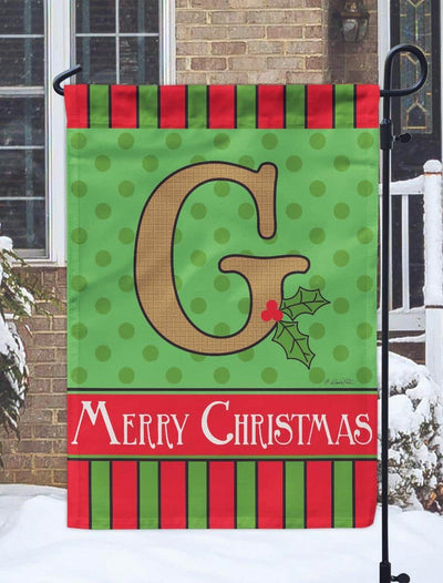 Christmas Monogram G burlap garden flag 13x18 inches, double applique, two sided red and green holiday letter design on rustic burlap with pole sleeve.