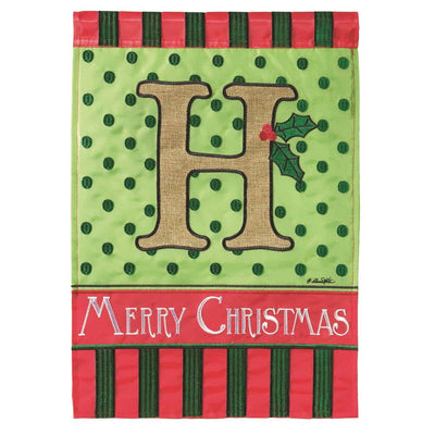 13x18 burlap garden flag featuring a Christmas monogram H with double applique holly, plaid accents, and reinforced sleeve for porch or yard display.