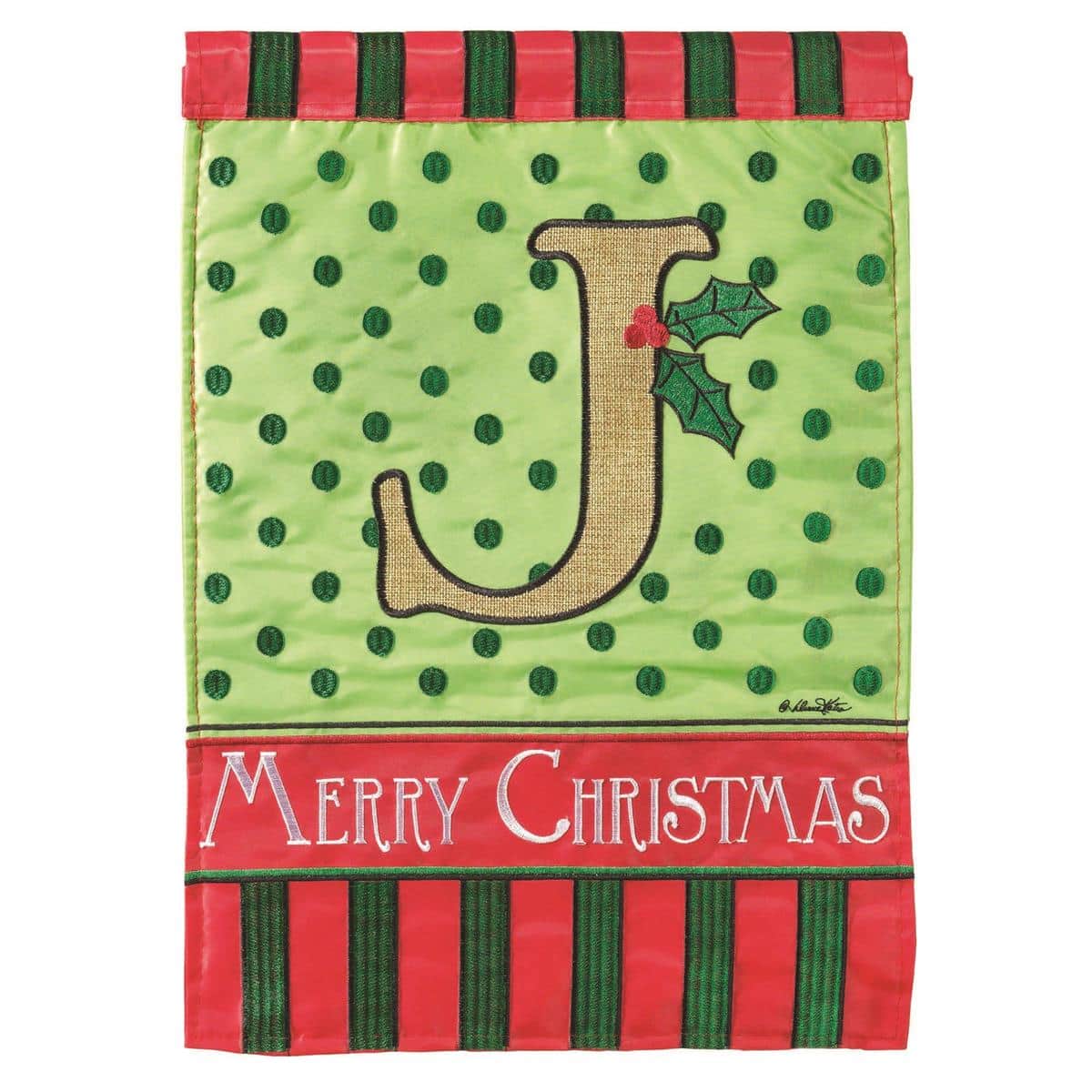 13x18 Christmas Monogram J burlap garden flag with double applique, rustic texture, red and green holiday accents, two-sided design, pole sleeve for yard display
