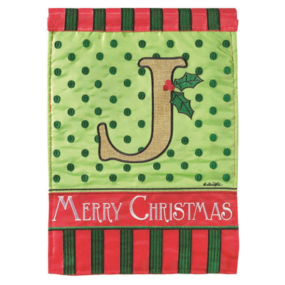 13x18 Christmas Monogram J burlap garden flag with double applique, rustic texture, red and green holiday accents, two-sided design, pole sleeve for yard display