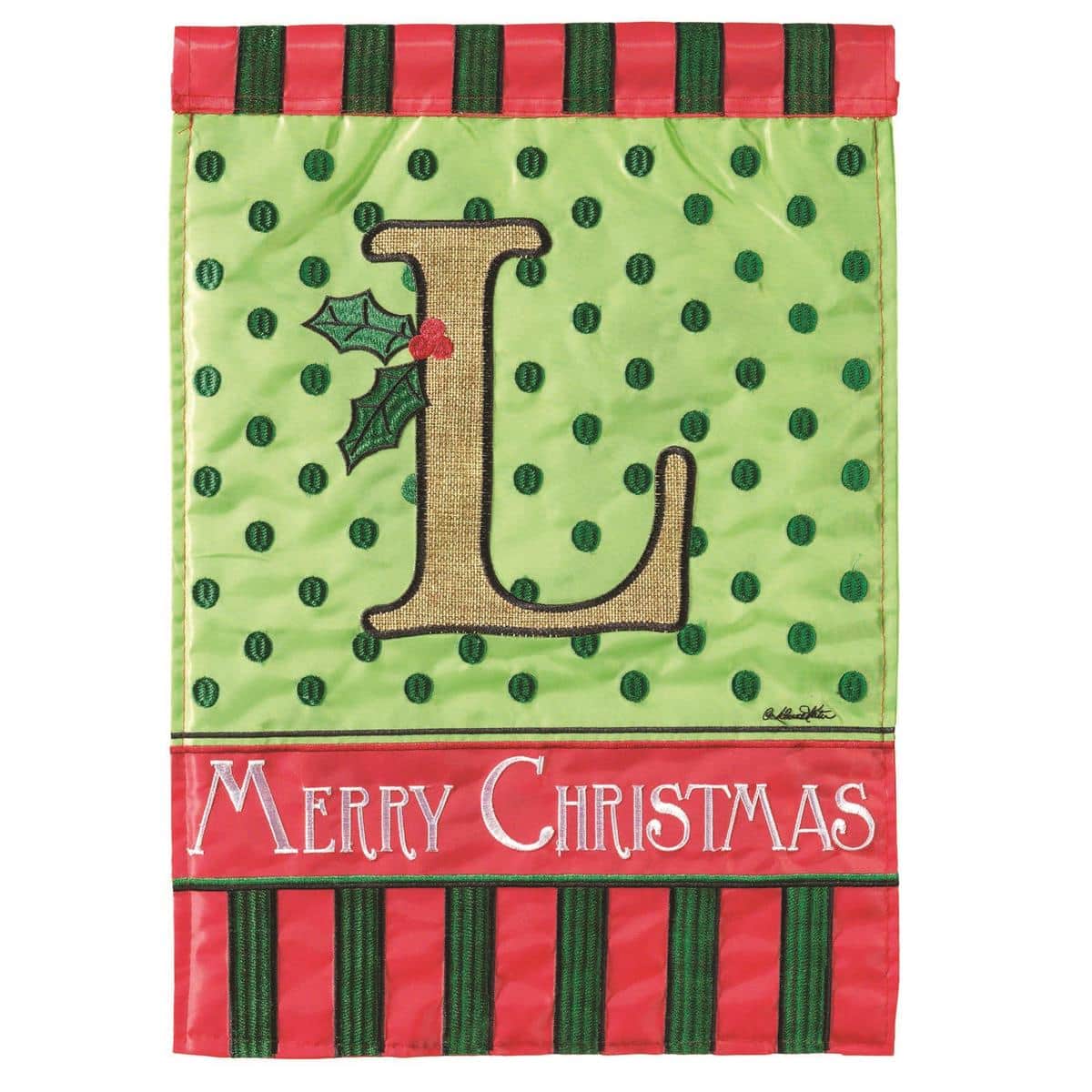 13x18 burlap garden flag featuring a scripted L monogram in double applique, surrounded by an evergreen wreath with holly berries and ribbon accents, designed for porch or yard display.