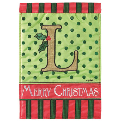 13x18 burlap garden flag featuring a scripted L monogram in double applique, surrounded by an evergreen wreath with holly berries and ribbon accents, designed for porch or yard display.