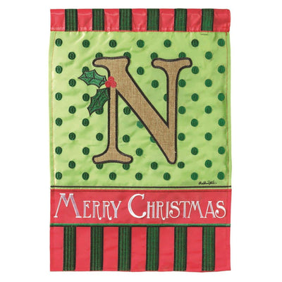 13x18 inch Christmas monogram garden flag featuring the letter N on a textured burlap background with double applique stitching, rustic farmhouse holiday design for porch or yard display.