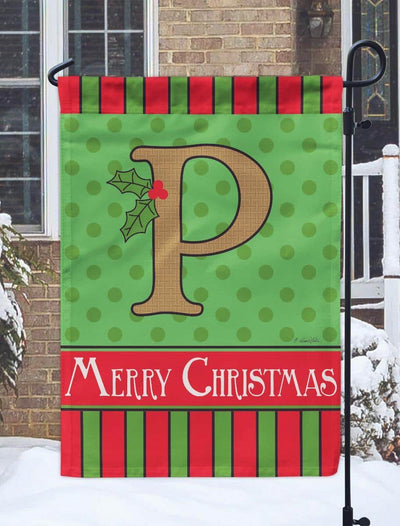 Close up image of Christmas Monogram P Burlap Garden Flag showing double applique monogram P, holiday motifs, distressed burlap texture, and finished hem on a 13x18 inch garden flag