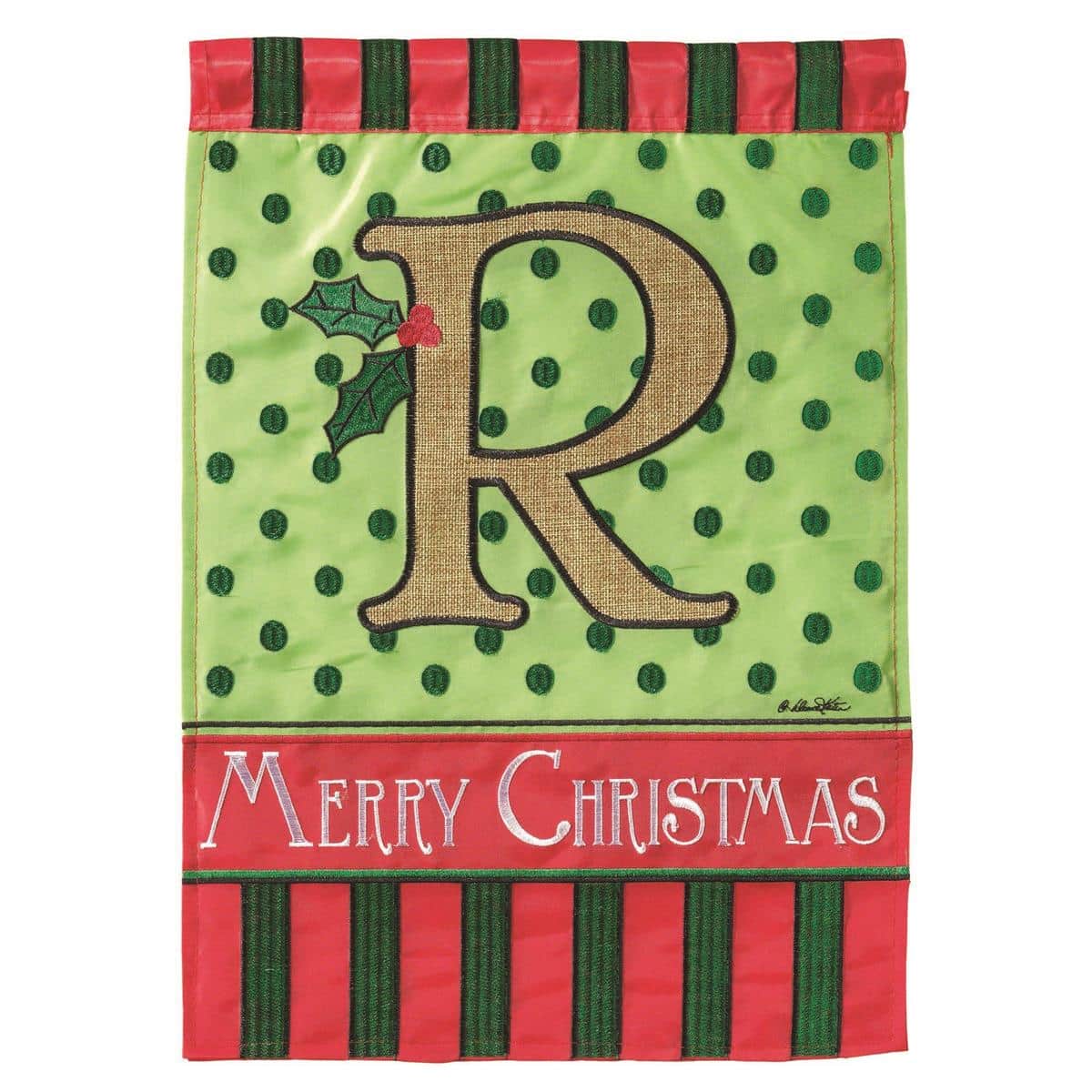 13x18 Christmas burlap garden flag with stitched monogram R and double applique holiday design displayed on a yard flag stand.