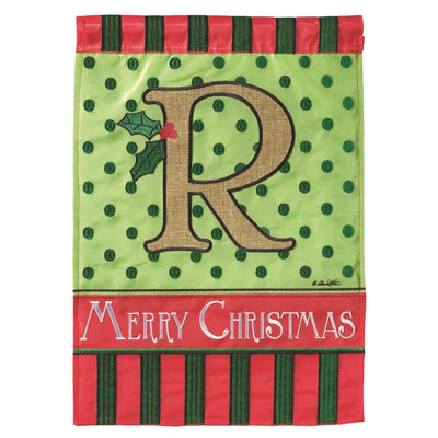 13x18 Christmas burlap garden flag with stitched monogram R and double applique holiday design displayed on a yard flag stand.